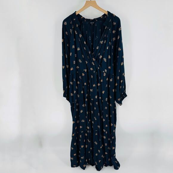 Madewell Plus Challis Floral Midi Dress Navy Boho Long Sleeve Tiered Flowy 2X - Picture 13 of 13